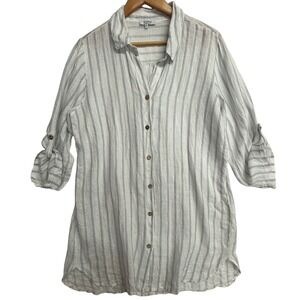 Rosemarine Italy Striped 100% Linen Roll Tab Sleeve Tunic Large Coast Blue White
